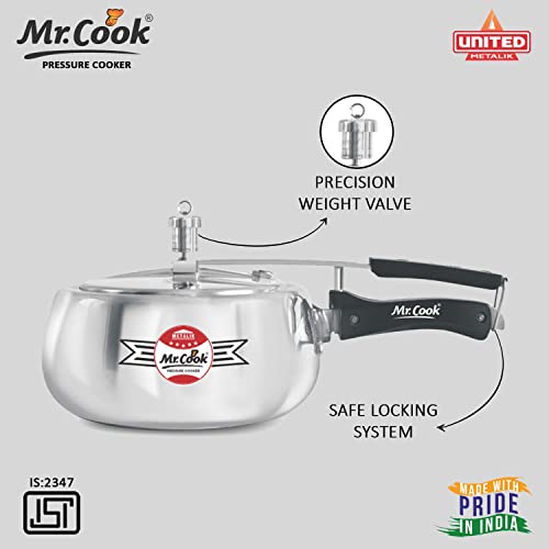 Image of MR COOK By United Metalik Super Shine Aluminium Pressure Cooker with Inner Lid, Lead Free Safety Valve, Easy Grip Handle, Gas stove Compatible, 60 months warranty (Silver) (2 Litre)