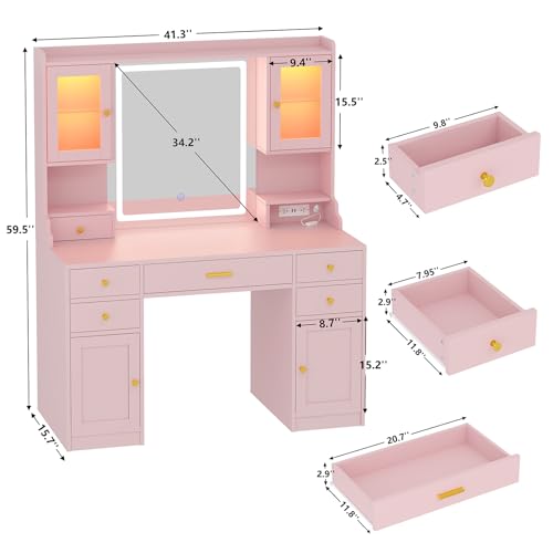 CSZZD Vanity Desk with LED Lighted Mirror, 41.3" Makeup Vanity Table with Power Outlet and 6 Drawers & Storage Shelves for Bedroom, Dressing Table with RGB Cabinets, Pink