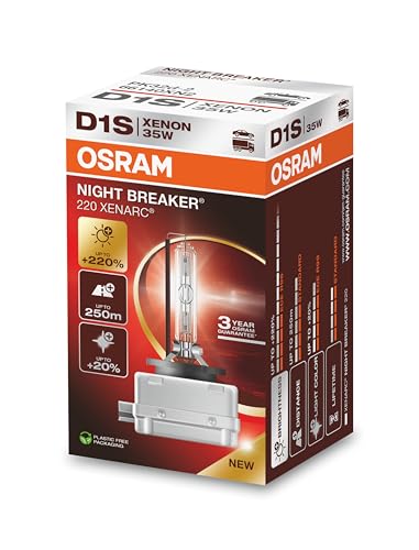 OSRAM XENARC NIGHT BREAKER 220, D1S, +220% más brillo, lámpara de faro de xenón, 66140XN2, Caja plegable (1 lámpara)