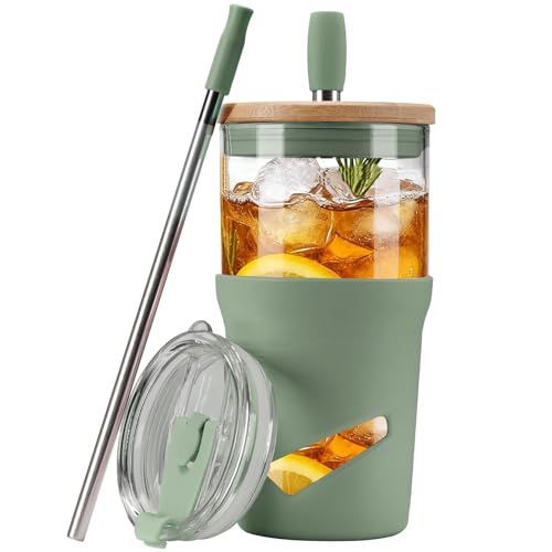 Glass Tumbler with Lids and Straws, 20 oz Iced Coffee Cup and Smoothie Cup with Bamboo Lid and On the go Lid,Glass Cups With Straws