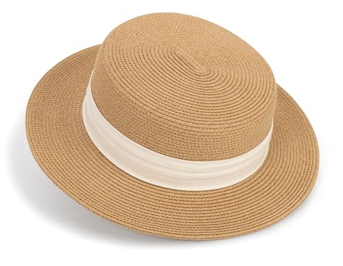 Straw Flat Top Sun-Boater-Hat for Men Women, Wide Brim Straw-Panama-Summer-Beach-Pork-Pie-Hats UPF 50+ (S/M)