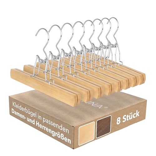 SUITS VIENNA® Hosenbügel Klemmbügel | 8 Stück | Hosenbügel Holz mit hochwertigem Metallverschluss | Kleiderbügel Hosen rutschfest | Kleiderbügel Klemmbügel für Stoffhosen (Natural - 28 cm)