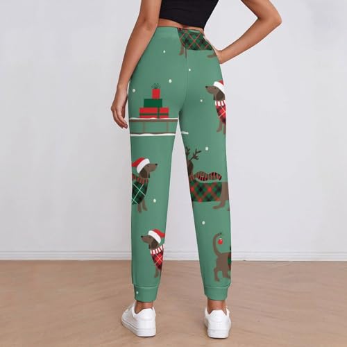 Qjjinxior Jogginghose, Palmblatt- und Monstera-Sweathose, Damenhose mit Kordelzug für Workout, Lounge, Sport, Weihnachtlicher Dackel-Hund, XL