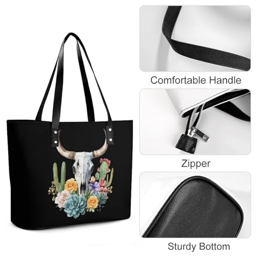 Cow Skull Cacti And Succulents Women's Leather Handbag Shoulder Bag Tote Purse Bags for Shopping Travel4