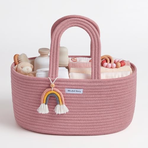 Image of Blissful Diary Baby Diaper Caddy Organizer, Cotton Rope Diaper Caddy Basket, Oval Storage Basket, Gift for Baby Shower, Newborn Essentials, Pink