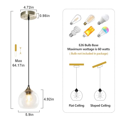 Image of Clear Glass Pendant Lights Kitchen Island Lighting Globe Pendant Light Fixtures Modern Pendant Lighting for Kitchen Island Bedroom Living Dining Room Light Fixture(5.9in, 2-Pack)