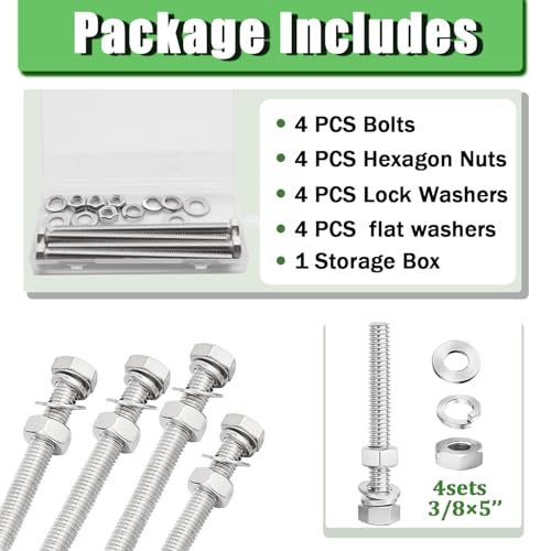 Image of 4 Sets 3 /8-16 x 5 Stainless Steel Hex Head Screws Bolts, Nuts, Flat & Lock Washers,18-8(304) Full Thread