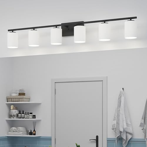 Image of Progress Lighting Replay Collection 48 in. 6-Light Textured Black Etched White Glass Modern Bath Vanity Light