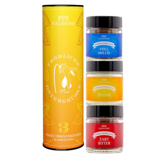 Hallingers Oster Geschenkset mit 3 Sorten Trinkschokolade – Vollmilch, Zartbitter und Weiße...