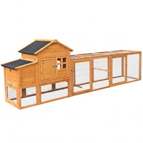 Image of Large Wooden Chicken coop with a Movable Area Dimensions 120 inches × 26.7 inches The roof is Made of Weather-Resistant Asphalt Material There are Access Points for Entering and exiting the coop