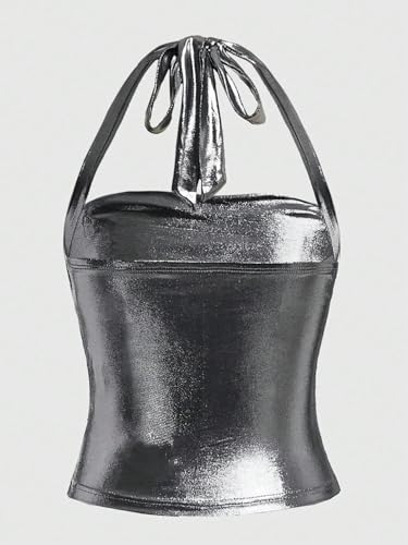 Floerns Women's Sparkly Metallic Clubwear Halter Tie Neck Sleeveless Ruched Tank Top2