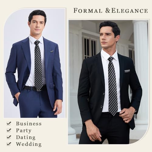 Image of Enlision Mens Ties Stripe Tie and Pocket Square Set Classic Formal Woven Neckties Handkerchief Cufflinks Wedding