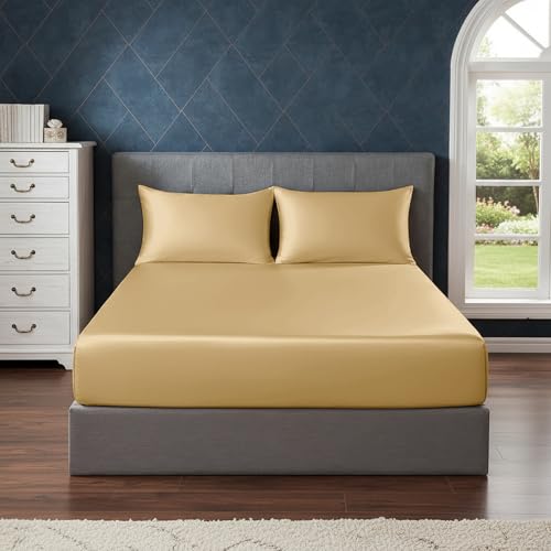 Image of Soft and Silk Satin Fitted Bedsheet for Queen Size 60X78 +12 in - Elastic Fitted Sheet 400 TC Hotel Collection for Bedroom | Fitted Sheet with Pillow Cover - Beige,