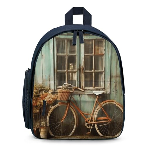 Vintage Window with Bicycle Backpack Small Book Bag with Side Pocket, Lightweight Durable Backpack, Travel Rucksack, Blue-style