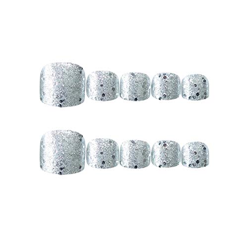 24pcs Short Glitter False Toe Nail for Women Girls French Fake Toenails Full Cover Press On Toenails Artificial Toenails