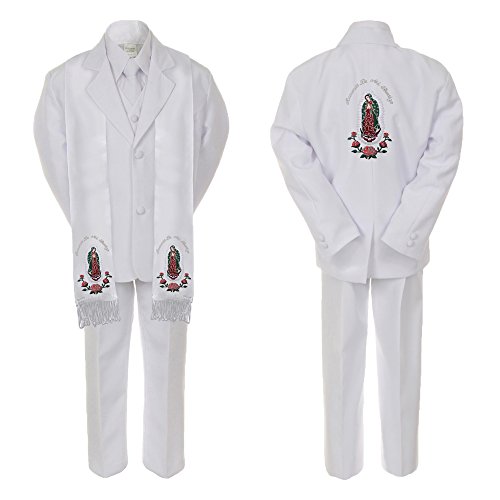 Image of Baby Boy Teen Baptism Formal White Suit Silver Guadalupe on Stole & Back SM-20