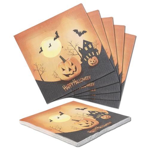 40pcs Halloween Napkins, 33x33CM Orange with Pumpkin Bats Castle, Soft Paper Serviettes for Party