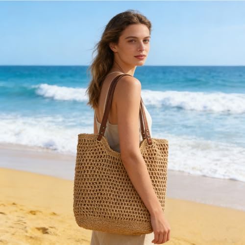 Bolso Hobo Multifuncional de Paja para Verano con Asas de Cuero miniatura 2