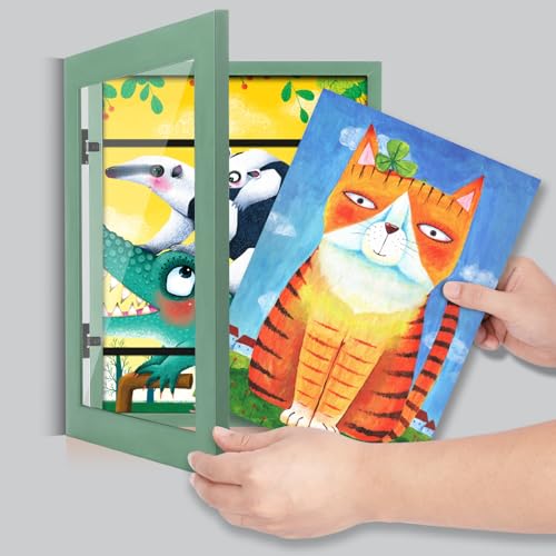 Image of [2-Pack] Kids Art Frames, 8.5x11 Front Opening Kids Artwork Frames Changeable, Olive Green Artwork Display Storage Frame for Wall, Holds 50 Pcs, for 3D Picture, Crafts, Children Drawing, Hanging Art,