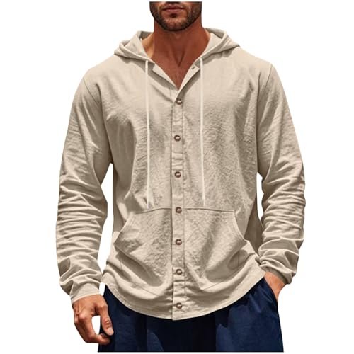 Men's Cotton Linen Hoodie Sweatshirt Lightweight Long Sleeve Button down Hoodies with Pockets Loose Fit Fall Jacket