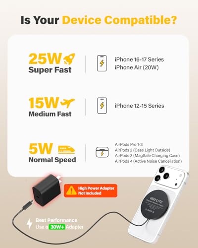 Image of 25W Wireless Charger for MagSafe, Magnetic Fast Charging Pad for iPhone 17 /16 /15 /14 /13 /12 Series & AirPods, Strong Magnet, Portable Wireless Charger for Travel Home Office (Black, 2Pack(6FT))