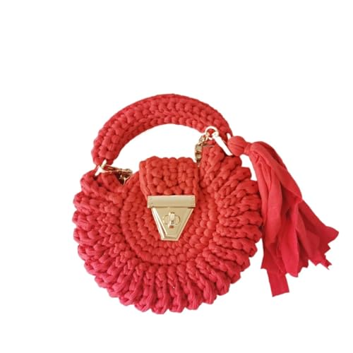 Women's Bag, Solid Color Cloth Strip Crochet, Round Fringed Purse, Single Shoulder Handbag for Women Straw Tote Bag(Red)