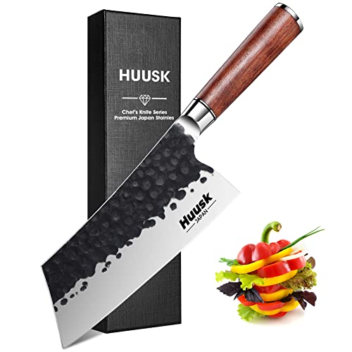 Huusk Cleaver Knife, 7" Japanese Professional Kitchen Knife, High Carbon Steel Sharp Chef Knife For Meat And Vegetable Chopping Knife With Ergonomic Rosewood Handle Gift Box #TOP7