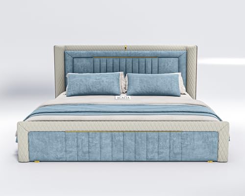 Image of Acacia Modern Upholstered Queen Size Bed with Box Storage for Bedroom | Wooden Double Bed with Storage | Platform Cot Bed with Upholstery Premium Fabric | 6.5 x 5 Ft, Sheesham Wood, Light Steel Blue
