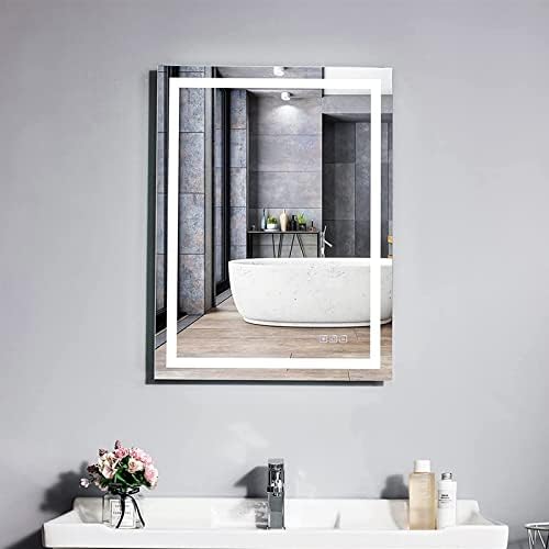 furduzz IL-02-60 Illuminated Backlit LED Bathroom Mirror, 600x450mm Wall Mounted Multifunction Bathroom Vanity Mirror with Touch Button 3 Colour Light Dimmable Anti Fog Make Up Mirror