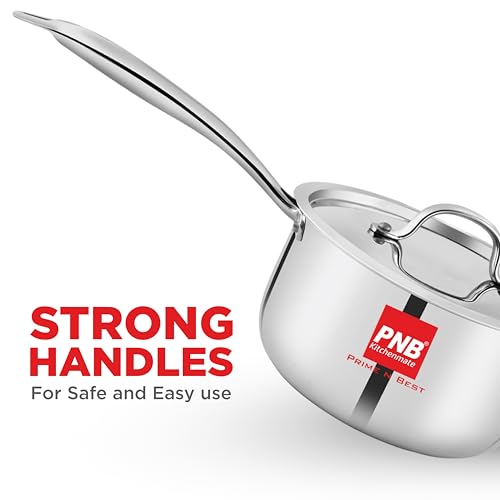 Image of PNB Kitchenmate Triply Stainless Steel Saucepan with Steel Lid, 16cm (1.5 LTR) | 2.5mm Thick Heavy Bottom Milk Pan | Induction & Gas Compatible | 5 Years Warranty