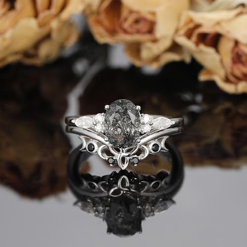 Oval Natural Black Rutilated Quartz Celtic Knot Bridal Wedding Ring Sets with Black Gold or Platinum Plated 925 Sterling Silver, Irish Gothic Engagement Rings and Spinel Trinity Annversary Band Size 4-92