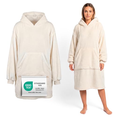 my STITCHERY Hoodie Decke Oeko-TEX Standard 100 - Kuscheliger Sherpa Deckenpullover mit Ärmeln Kapuze & Kängurutasche - Warmer Blanket Hoodie als ausgefallene Geschenkidee (Beige)