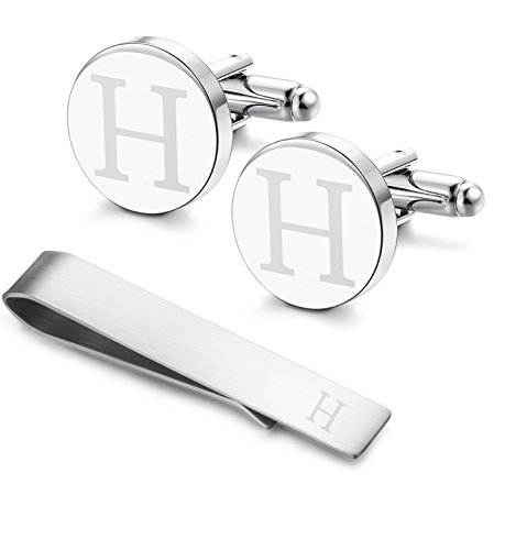 Image of LOYALLOOK Initial Cufflinks and Tie Clip Set for Men Silver Personalized Cuff links and Tie Bar Letter Alphabet A-Z Gift for Father Husband Valentine Gifts for Men