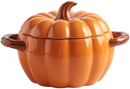 Yeexoxow Pumpkin Shaped Bowl 54 Oz, Pumpkin Bowl with Handles for Serving Soup, Ceramic Pumpkin Candy Dish with Lid, Orange