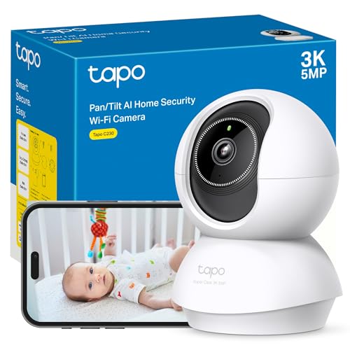 Tapo C230 - IA Cámara Vigilancia 360°, 3K 5MP, Alarma Sonora/Luz, Visión Nocturna, Audio Bidireccional, AI Detección Movimiento, Control Google/Alexa, Tarjeta SD hasta 512G, Fácil configuración