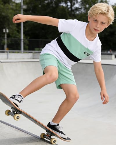 Image of OLMRJKD Boys 2 Piece Outfits Short Sleeve Colorblock T-shirt and Shorts Summer Casual Clothes for 6-12 Years