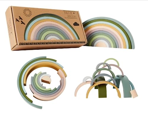 Image of Billie + Squish Montessori Style - Learning and Development Toy - Boho Rainbow Color Silicone Rainbow Stacker - Montessori Nesting Puzzle | Kids and Toddler | Stacking Sensory Toys - 12 Layers