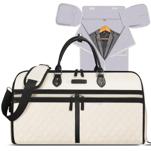 Convertible Garment Duffle Bags for Travel, Carry On Garment Bag with Shoe Compartment, 2 In 1 Travel Suit Bag with Shoulder Strap for Men Women, Waterproof Weekender Bag for Business Trip,Cream
