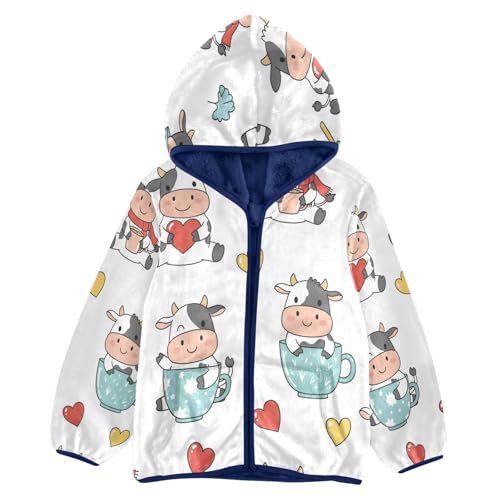Cute Cows in Cups Pattern Toddler Fleece Jacket Girl Boys Hooded Fleece Jacket Coat Warm Outwear Zip-up 3-10T