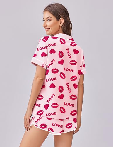 Image of Ekouaer Womens Silk Satin Pajama Set Print Short Sleeve Sleepwear Button Down Pjs Shorts Set Loungewear