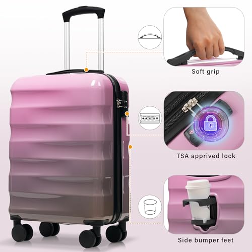 20" Carry On Luggage with Cup Holder, Suitcases with Wheels, 2 Piece Set Carryon Suitcase, ABS+PC Material, TSA Lock, Back To School Suitcase, Women Men (Pink and Gray)3