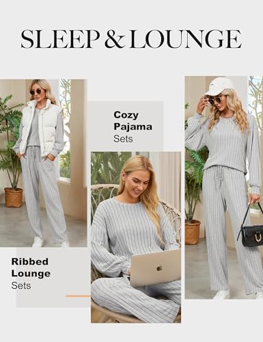 Image of Blooming Jelly Women Ribbed Long Sleeve Pajama Sets Fall Loungewear Pockets