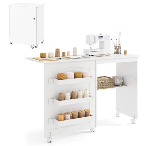 RELAX4LIFE Mesa de Costura Plegable con 3 Compartimentos, Estante, Estación de Carga Integrada, Mesa para Máquina de Coser con Ruedas, 116x40,5x78cm (Blanco)