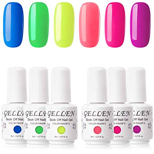 Gellen Gel Nail Polish Kit, Neon Series 6 Colors Ultra Bright Tone Rainbow Nail Gel Shades, Trends Nail Art Colors Home Gel Manicure Set