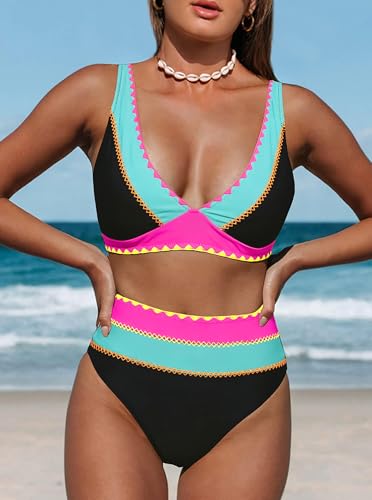 Image of Hilinker Women's Leopard Bikini Swimsuits V Neck High Waisted 2 Piece Bathing Suits