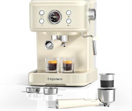 Empstorm Cafetera Espresso 20 Bar 2 en 1 con Varita de Vapor para Espumar Leche, Compatible con Café Molido y Cápsulas, Depósito de Agua Extraíble 1.5 L, Máquina de Café para Hogar - Blanca