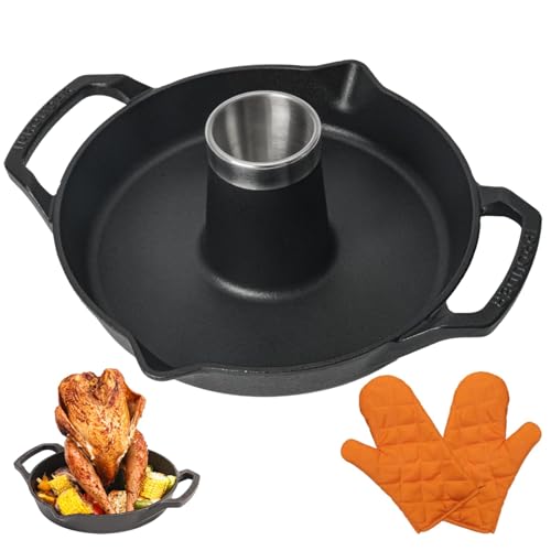 IPROUDER Cast Iron Chicken Roaster, Pre-Seasoned Vertical Poultry Roaster with Drip Pan, Beer Can Chicken Holder for Grill, Oven & Smoker