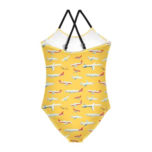 senya Girls Swimsuits One-Piece Swimwear Tie Bathing Suit Beach Summer Round Neck 5-6T Airplane Yellow Background Pattern2