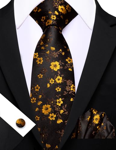 Image of Barry.Wang Flower Ties for Men Handkerchief Cufflinks Set Wedding Necktie Set Party