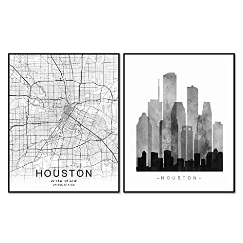 Houston Skyline, Houston Wall Art, Houston Street Map, Watercolor Skyline Print, Building Wall Decor, Office Wall Art, Houston Map Print, Set of 2 Prints, 11X14 Inch Unframed